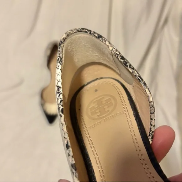 Tory Burch Black and Cream Snakeskin-Print Pointed Toe Flats - Picture 2 of 10